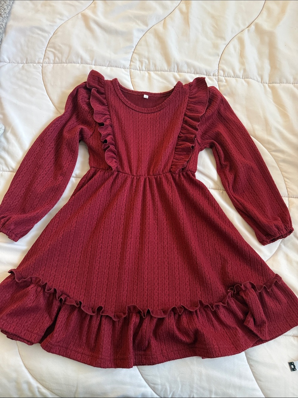Burgundy Ruffle Knit Long-Sleeve Dress